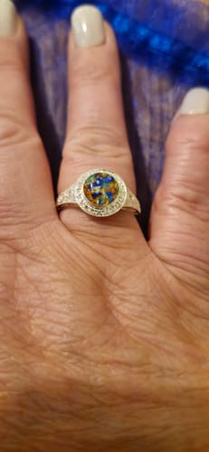 Customer photo review of Bedazzled Filigree Circle Opal Cremation Ring