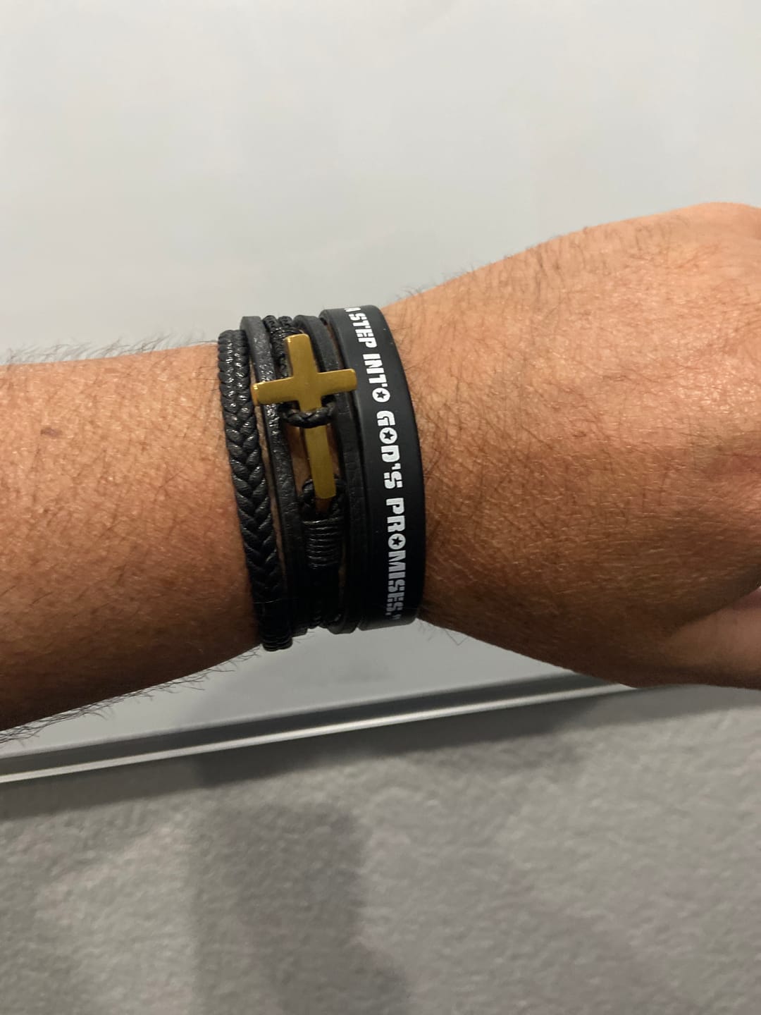 Customer photo review of FREE Today: Tri - Color Stainless Steel Cross & Braided Leather Fashion Bracelet
