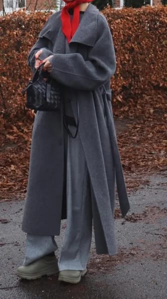 Customer photo review of Meryl Stand Up Collar Belted Long Coat