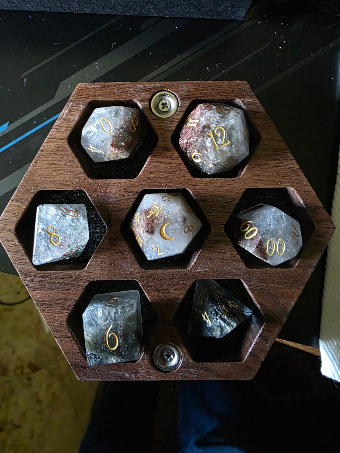 Customer photo review of URWizards D&D Phantom Quartz Gemstone Engraved Dice Set(Limited edition)