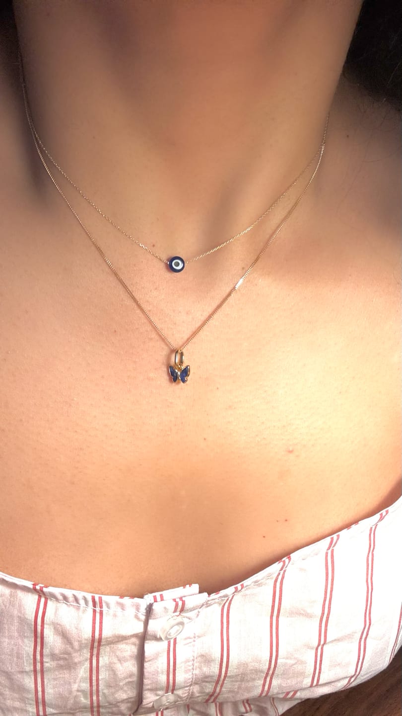 Customer photo review of MYKONOS EVIL EYE BLUE NECKLACE