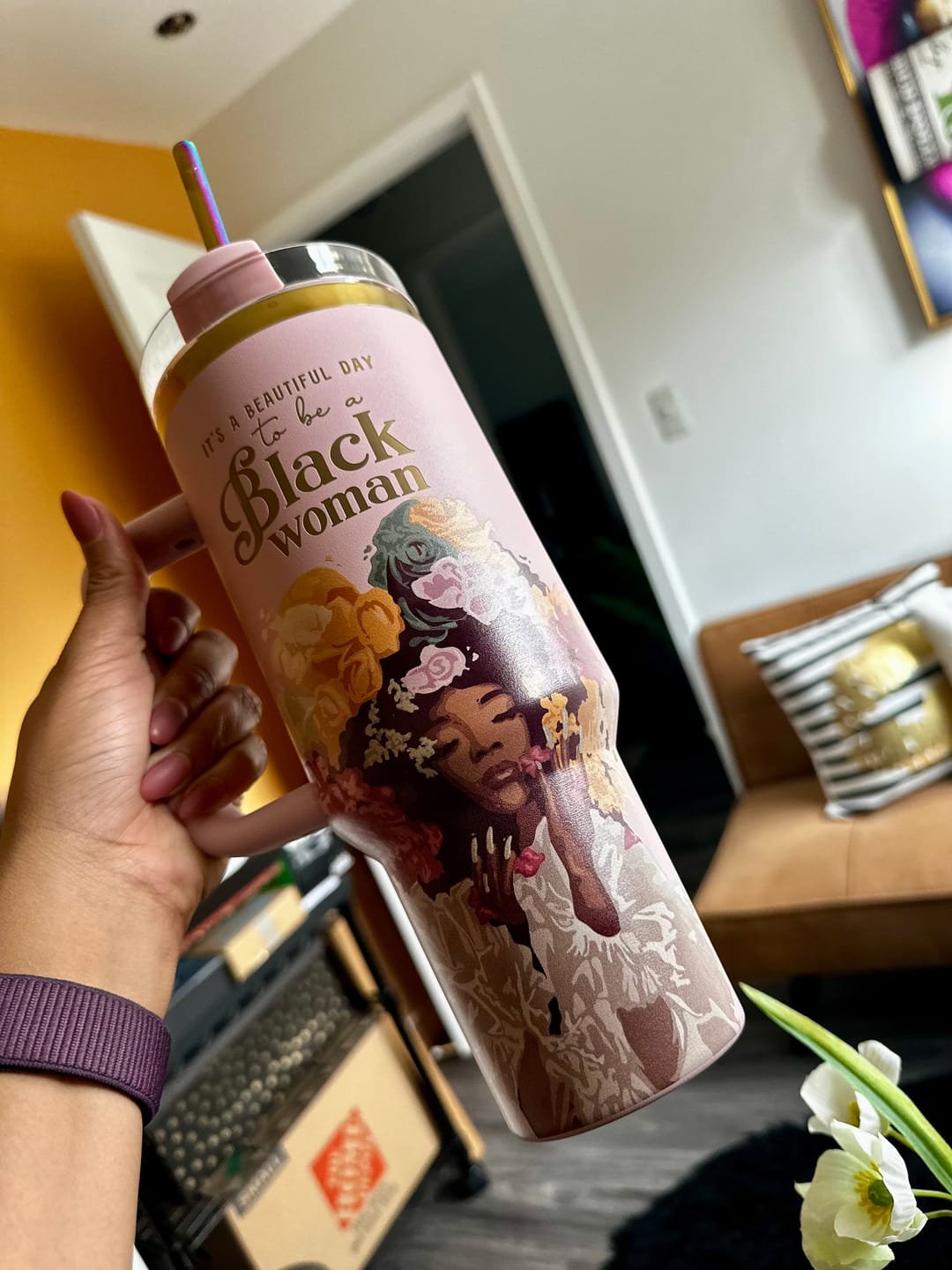 Customer photo review of Pink “Royalty Blossomed” 40oz Insulated Tumbler – "It’s a Beautiful Day to be a Black Woman"