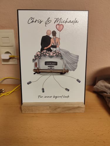 Kundenbewertung mit Foto zu Holzschild Hochzeitsauto - Umfangreich anpassbares Geldgeschenk zur Hochzeit