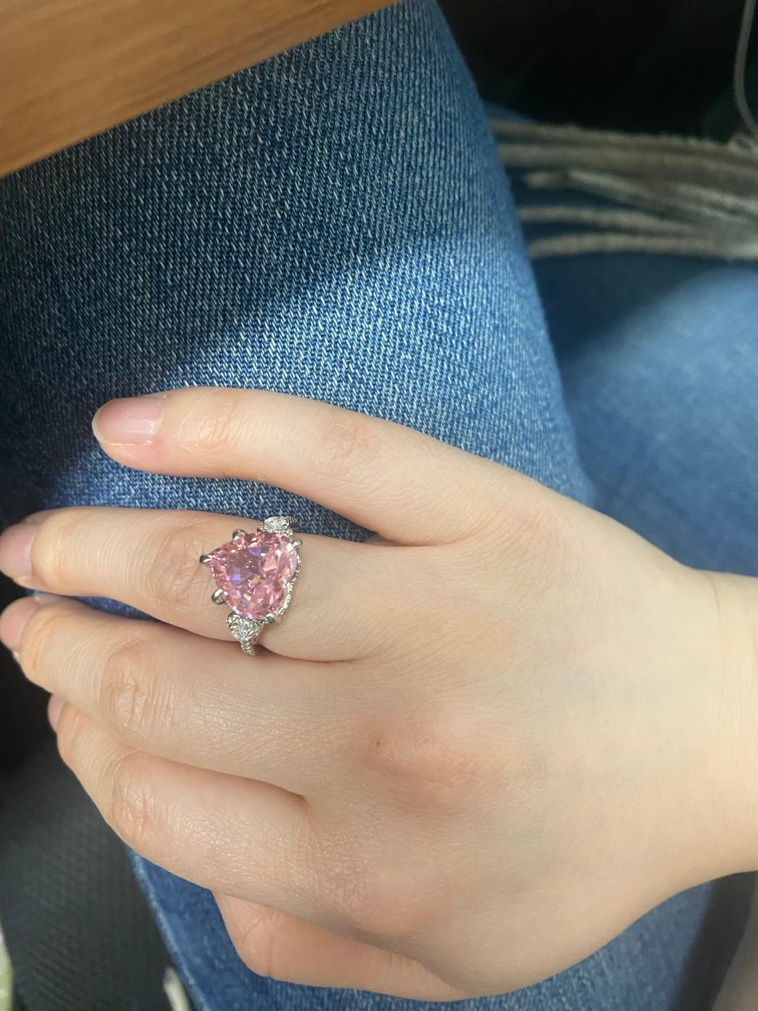 Customer photo review of S925 5.0Ct Heart Cut Royal Romantic Pink Stone Heart Cut Engagement Ring In Sterling Silver