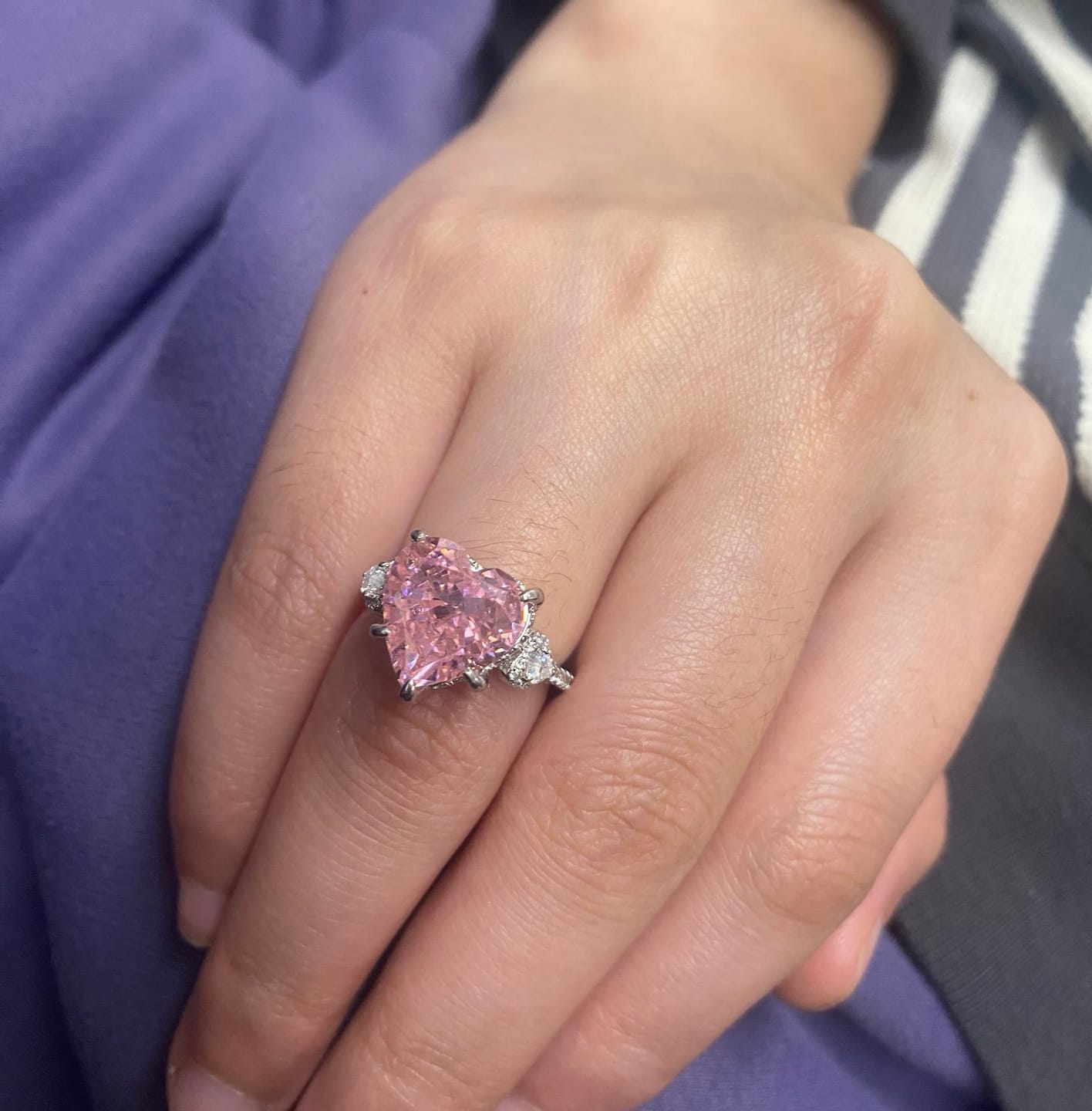 Customer photo review of S925 5.0Ct Heart Cut Royal Romantic Pink Stone Heart Cut Engagement Ring In Sterling Silver