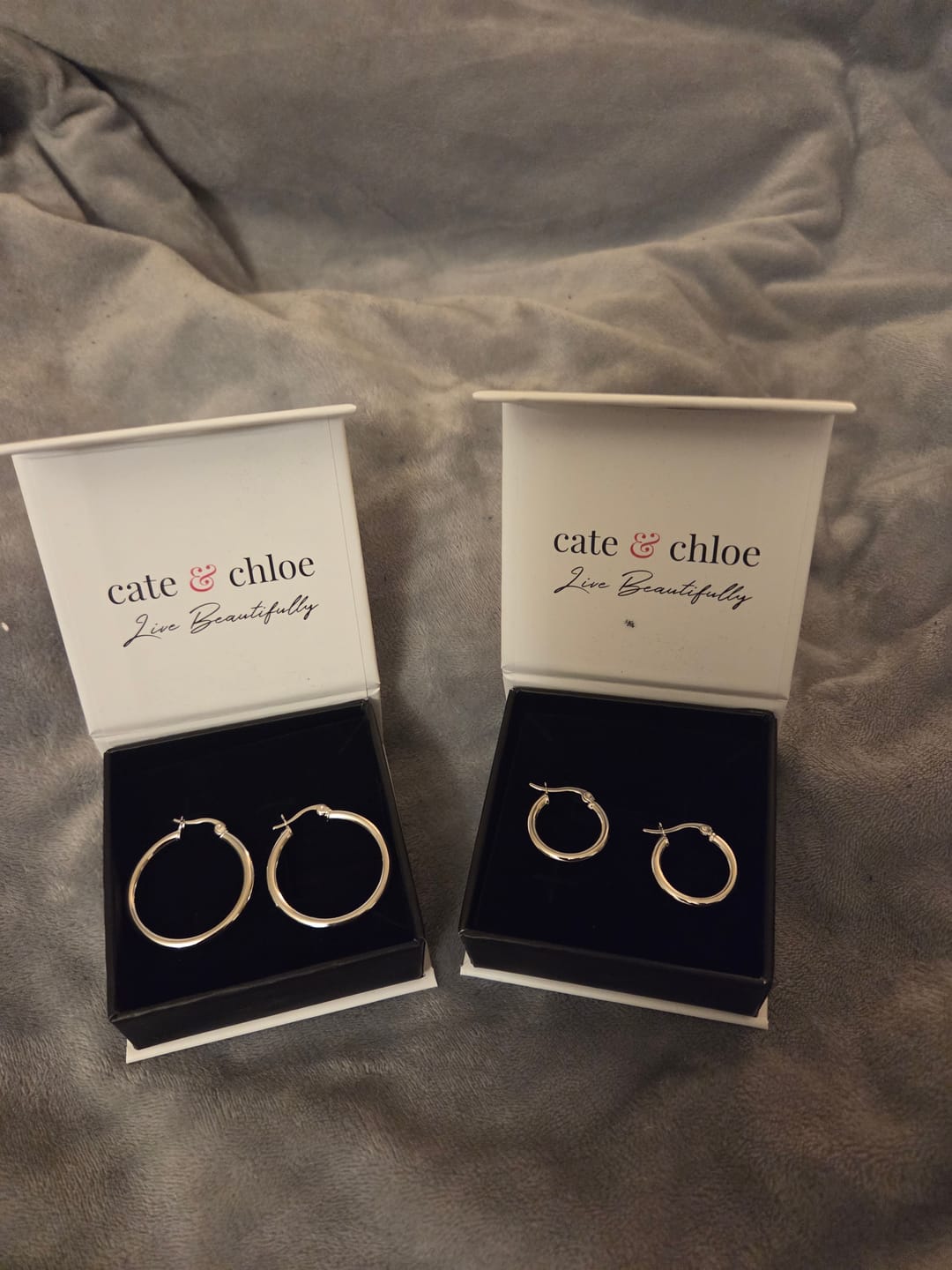 Customer photo review of Amy 18k White Gold Plated 20mm/30mm Hoop Earrings