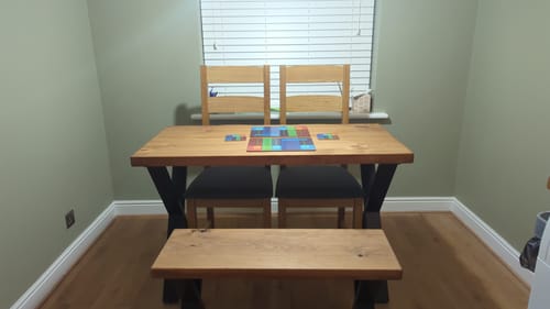 Customer photo review of Industrial Dining Table with X-Frame Leg