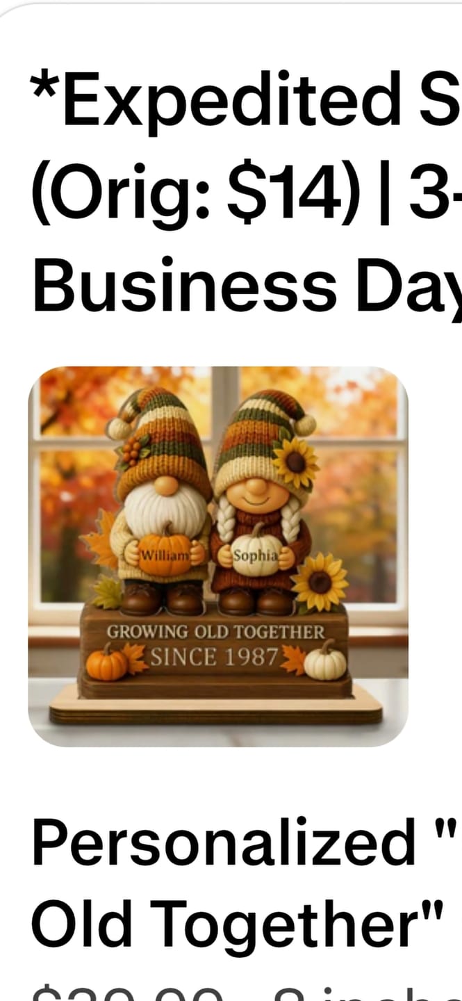 Customer photo review of Personalized "Growing Old Together" Gnome Plaque With Couple Names & Sunflowers Pumpkins Autumn's Warm Charm For Couple Gift For Grandparent