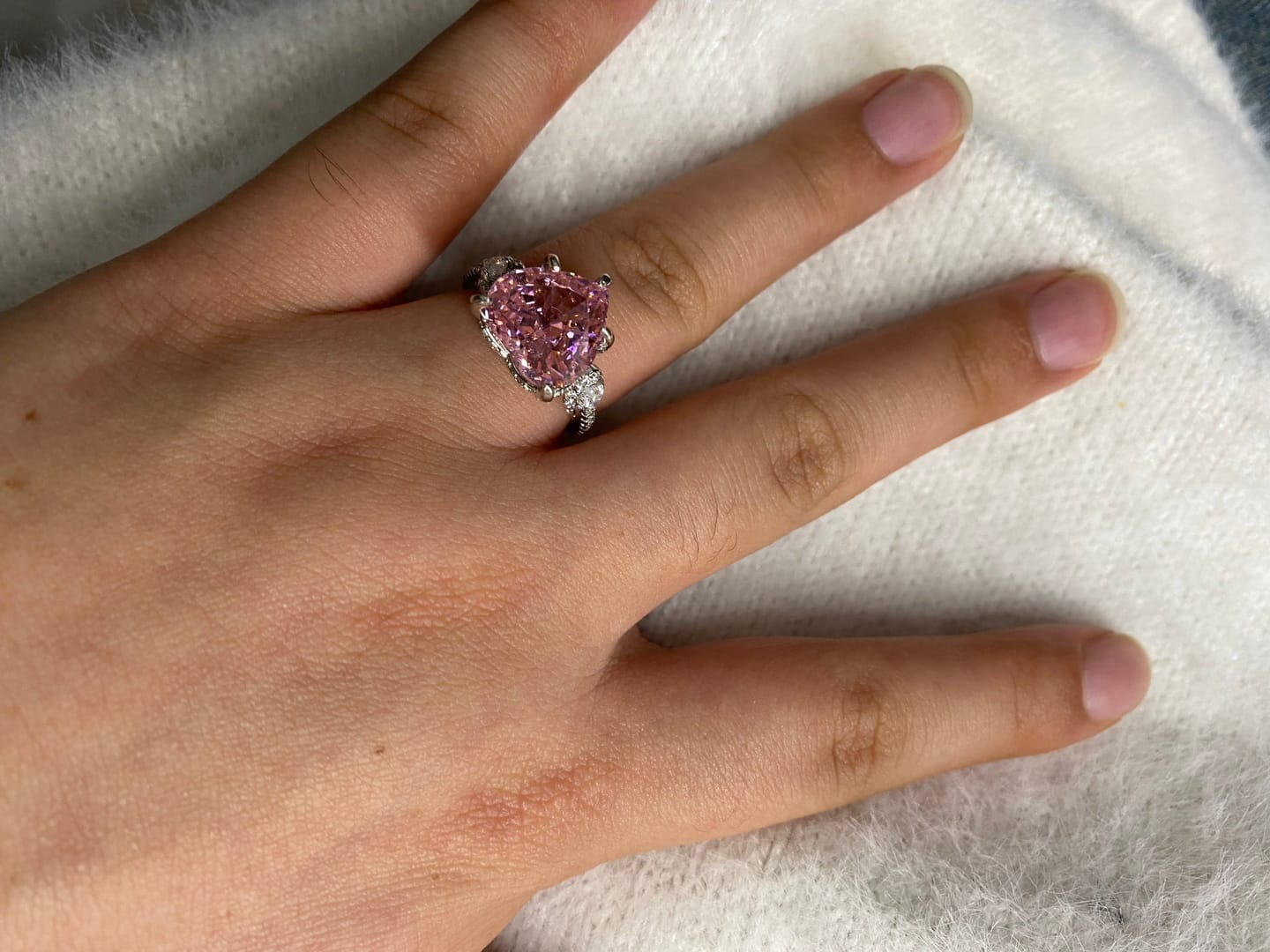 Customer photo review of S925 5.0Ct Heart Cut Royal Romantic Pink Stone Heart Cut Engagement Ring In Sterling Silver