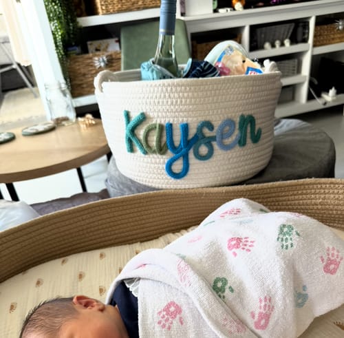 Customer photo review of Baby Knits™  Multicolor Personalized Knitted Basket