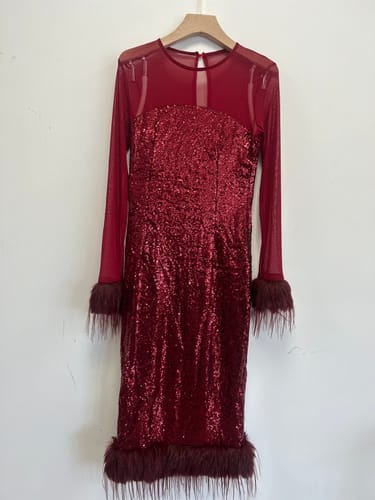Customer photo review of Glamor and Drama Mesh Sequin Patchwork Feather Trim Stretch Midi Dress