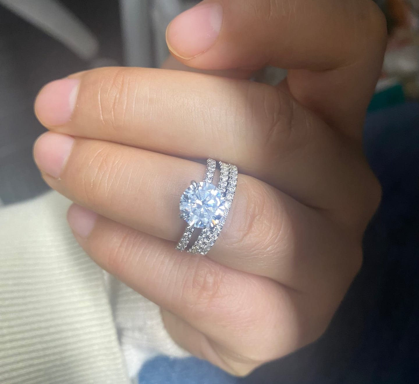 Customer photo review of S925 3PC Wedding Ring Set 2.0 Ct Round Cut With 2PC Half Eternity Wedding Band Stackable Wedding Rings