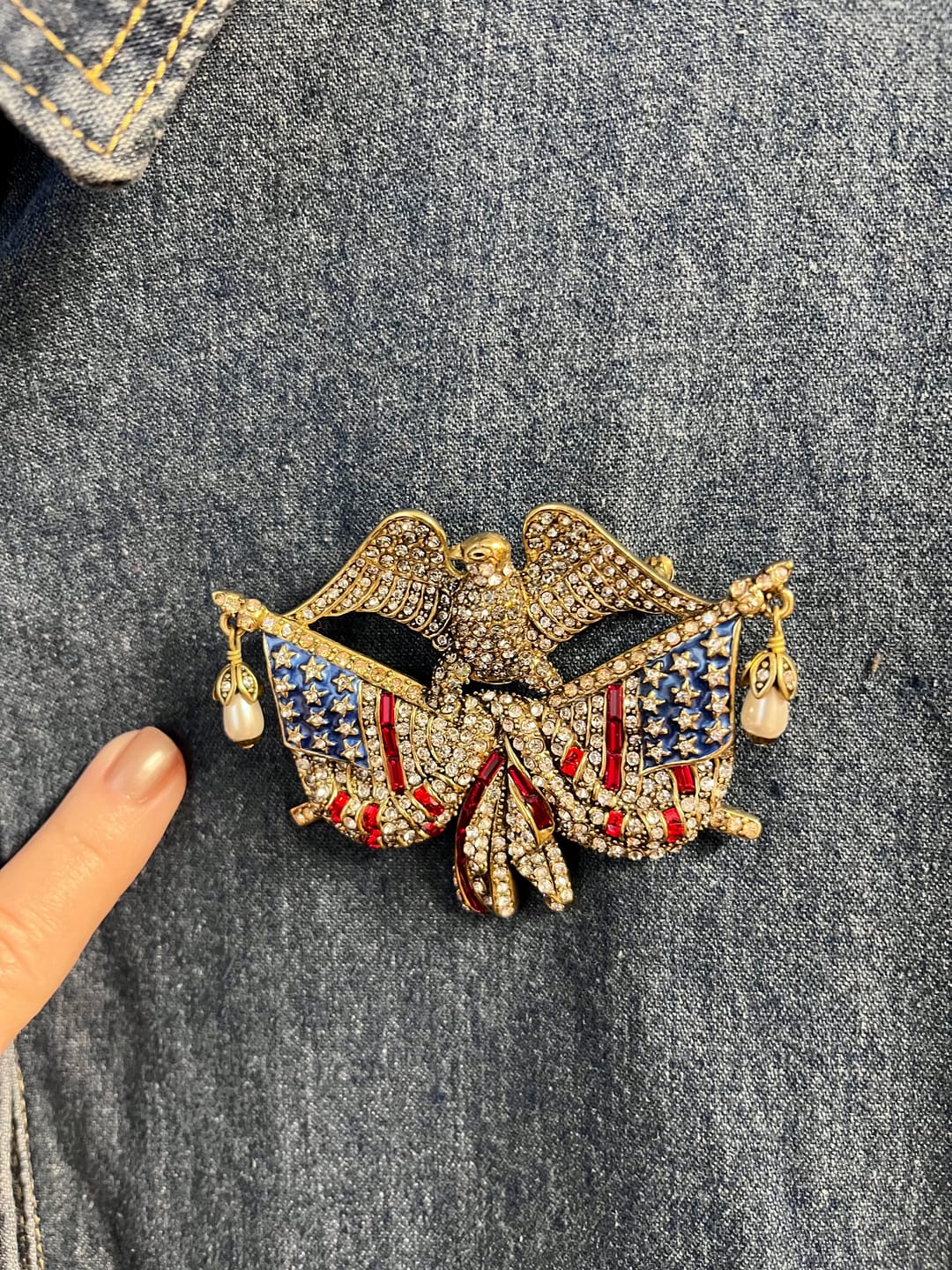 Customer photo review of Heidi Daus® "Life, Liberty & The Pursuit of Sparkle" Crystal Patriotic Eagle Pin