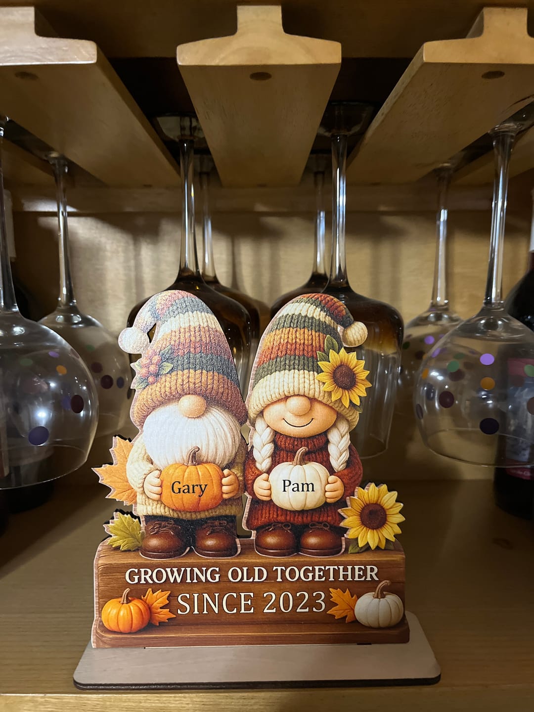 Customer photo review of Personalized "Growing Old Together" Gnome Plaque With Couple Names & Sunflowers Pumpkins Autumn's Warm Charm For Couple Gift For Grandparent