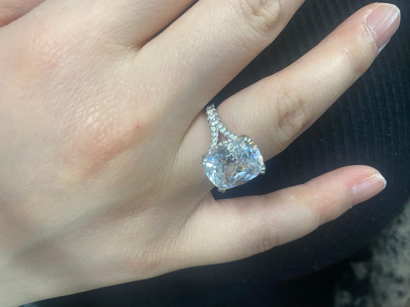 Customer photo review of S925 7.0Ct/4.0Ct Split Shank Cushion Cut Engagement Ring 18K White Gold Plated Travel Rings with Pavé Accents