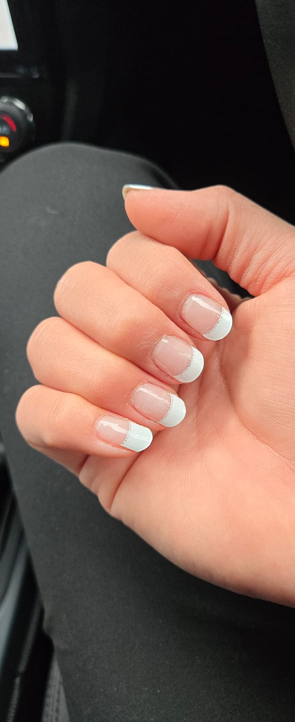 Customer photo review of White French Tip Glitter DIY Semicured Gel Nail Sticker Kit