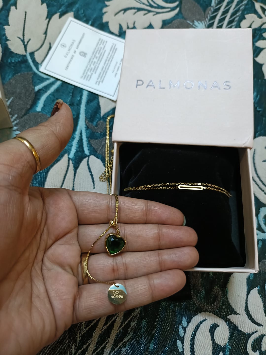 Customer photo review of Bar Charm Bracelet & Emerald Love Necklace Combo Set