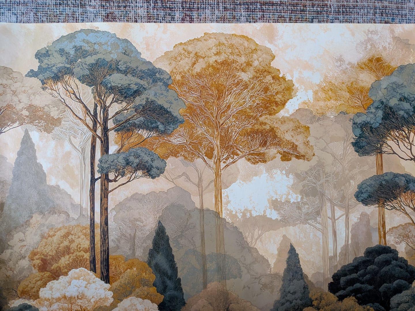 Customer photo review of Green and Gold Trees Wall Mural in Vintage Forest Scene Peel and Stick Detailed Nature Wallpaper