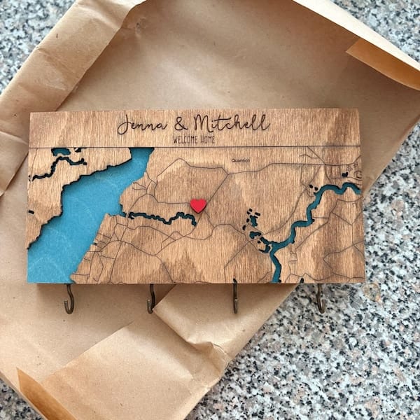 Customer photo review of Custom Coordinates Key Holder Wall Rack with Hooks - Personalized City Map Key Organizer for Housewarming Gift