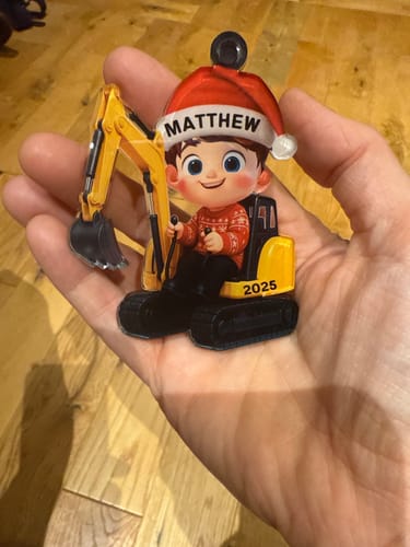 Customer photo review of 3D Effect Little Boy Kid With Car Excavator Backhoe Tractor Christmas Personalized Acrylic Ornament