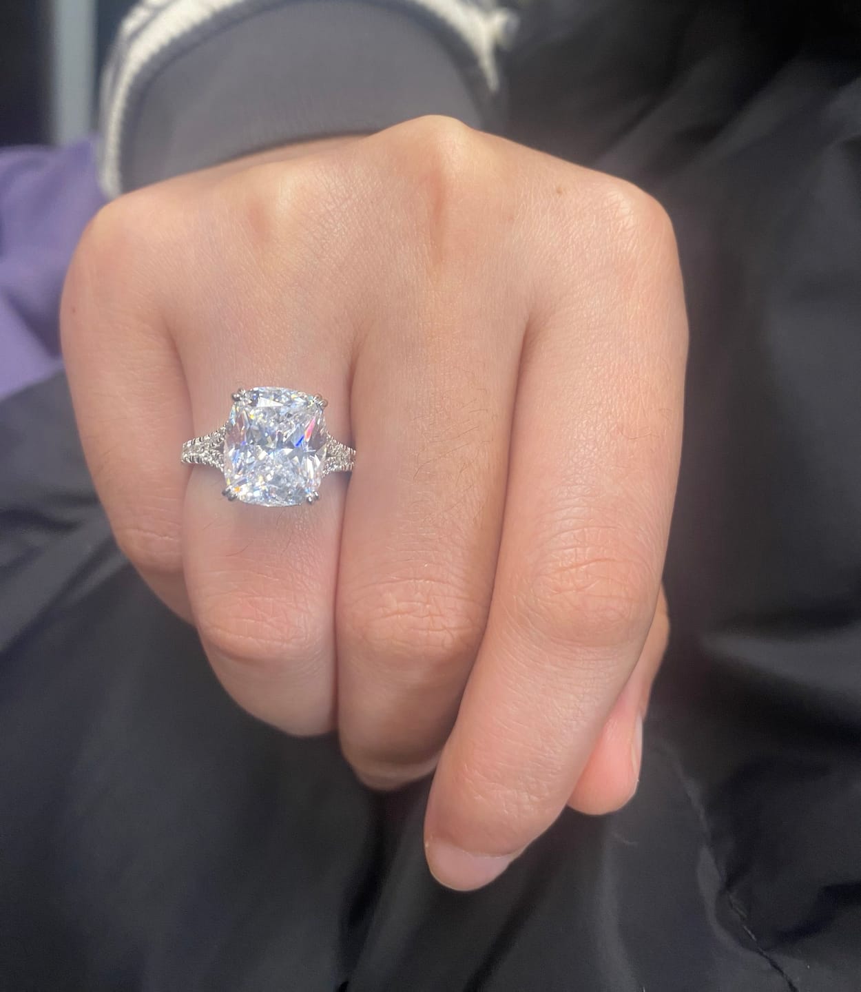 Customer photo review of S925 7.0Ct/4.0Ct Split Shank Cushion Cut Engagement Ring 18K White Gold Plated Travel Rings with Pavé Accents