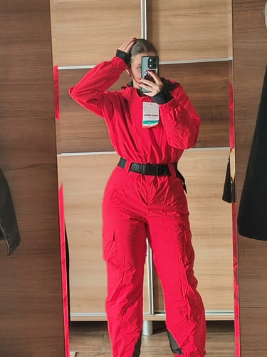 Customer photo review of Women's Red Insulated Waterproof Asymmetric Design Belted One-Piece Ski Suit