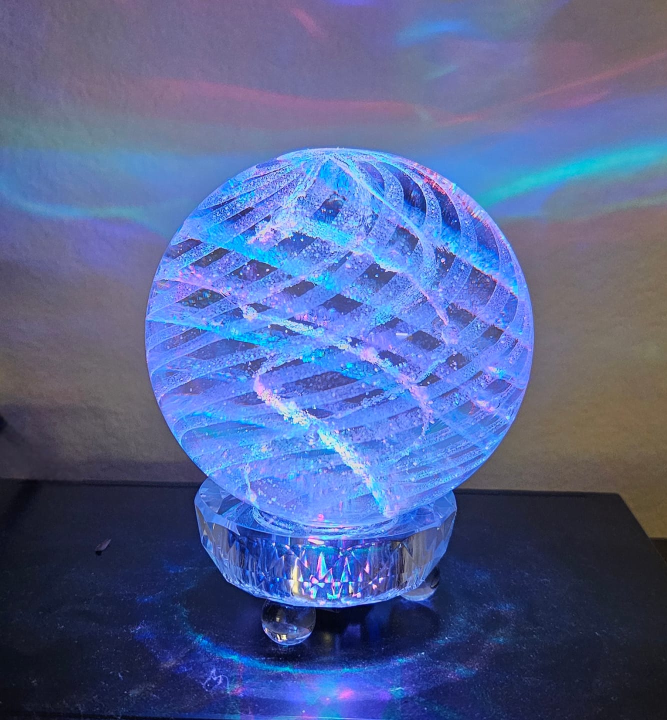 Customer photo review of Illuminated Dichroic Rainbow Orb with Cremains