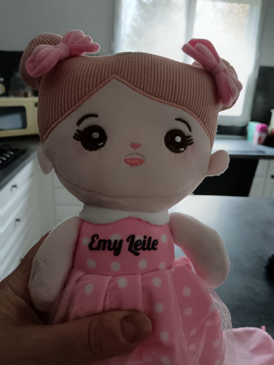 Customer photo review of Personnalisée Poupée en Peluche avec Yeux Ouverts en Robe à Pois Roses