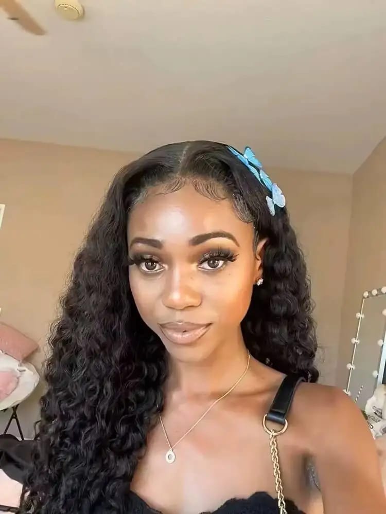 Customer photo review of MORE FACE M-cap Burmese Curly Wear Go Wigs Pre Cut 9x6 HD Lace Bleached Knots Glueless Wigs Human Hair Tiny Knots Pre Plucked Hairline