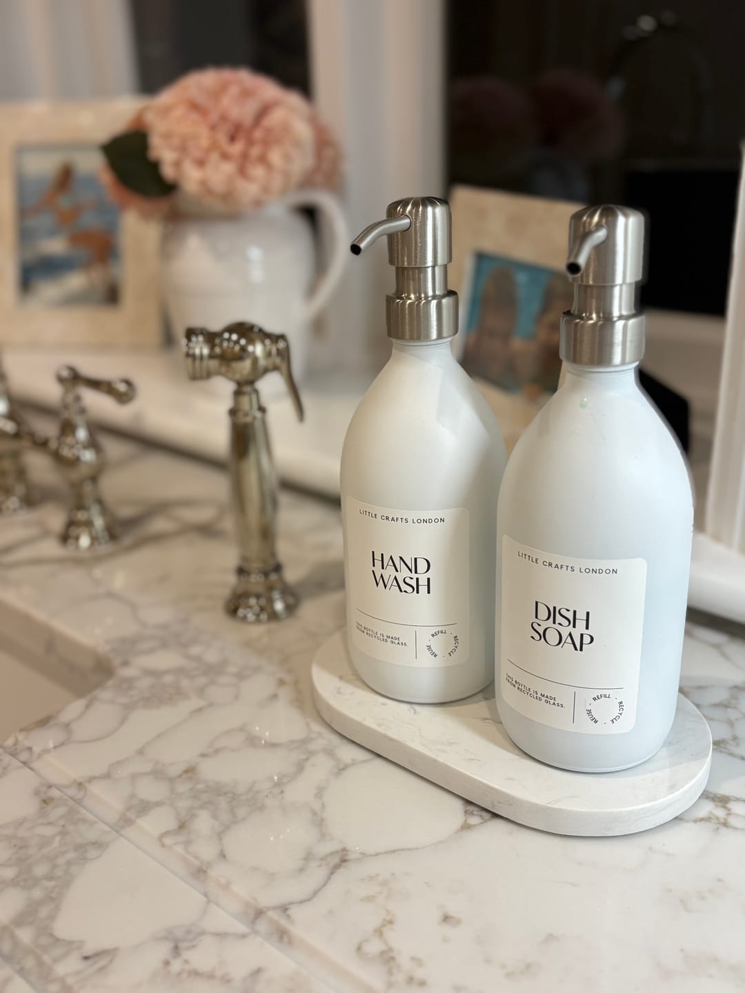 Customer photo review of Set of 2 Milky White Glass Bottle 500 ML with Metal Pump & Small Tray (White Label)