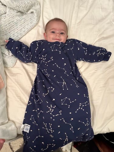 Customer photo review of Winter Long Sleeve Sleep Sack 3.5 TOG - Organic Cotton & Camel Wool - Constellation