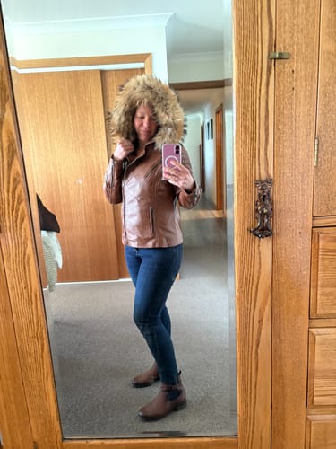 Customer photo review of Women's distressed biker leather jacket with piping
