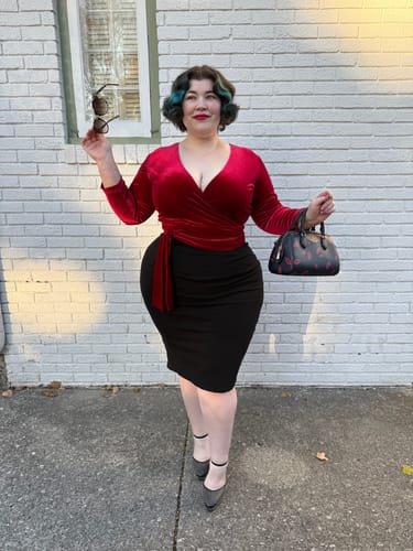 Customer photo review of Wrap Top in Red Velvet - Vixen by Micheline Pitt