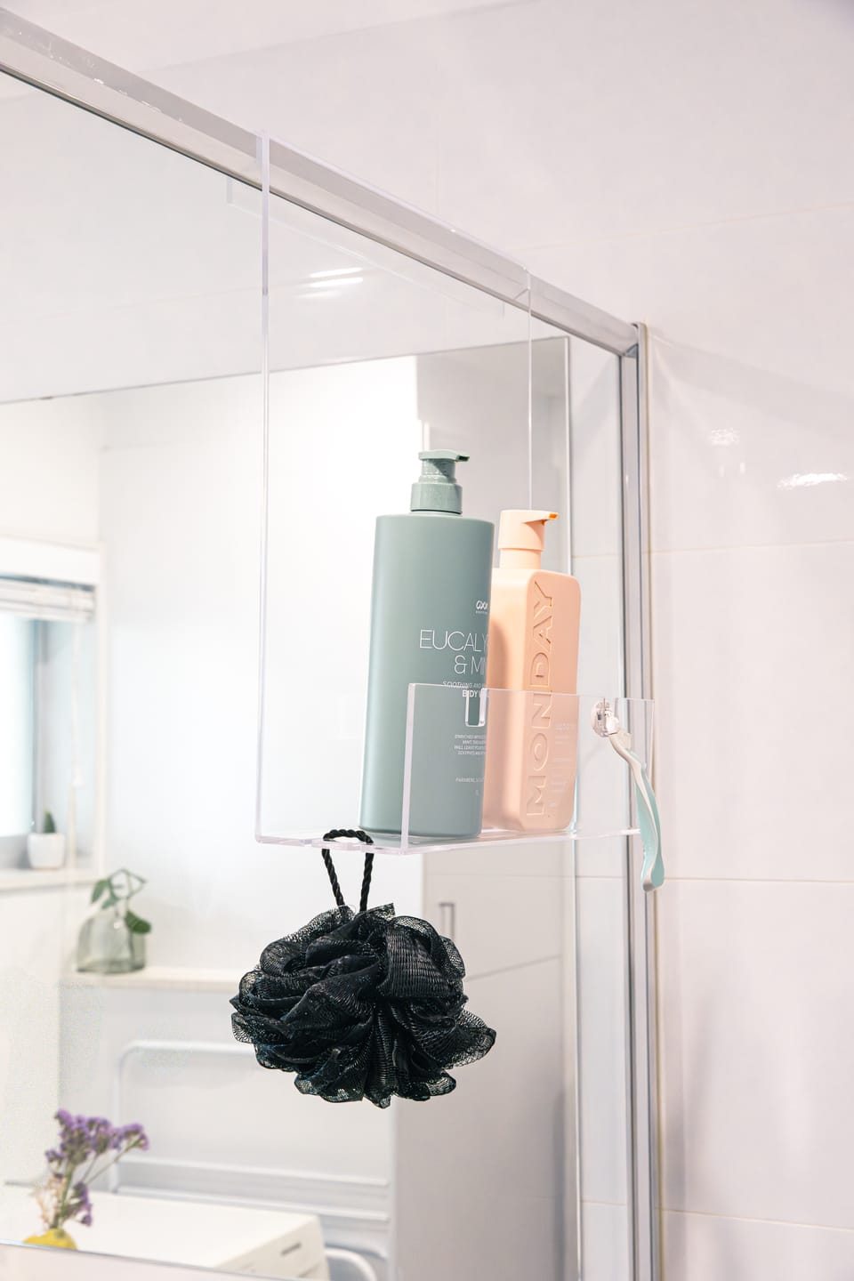 Customer photo review of Clear Acrylic Shower Shelf
