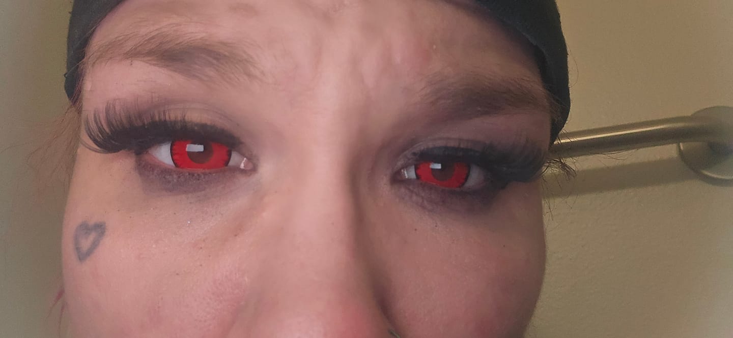 Customer photo review of Cosplay Lucifer's Eye Red Prescription Colored Contact Lenses