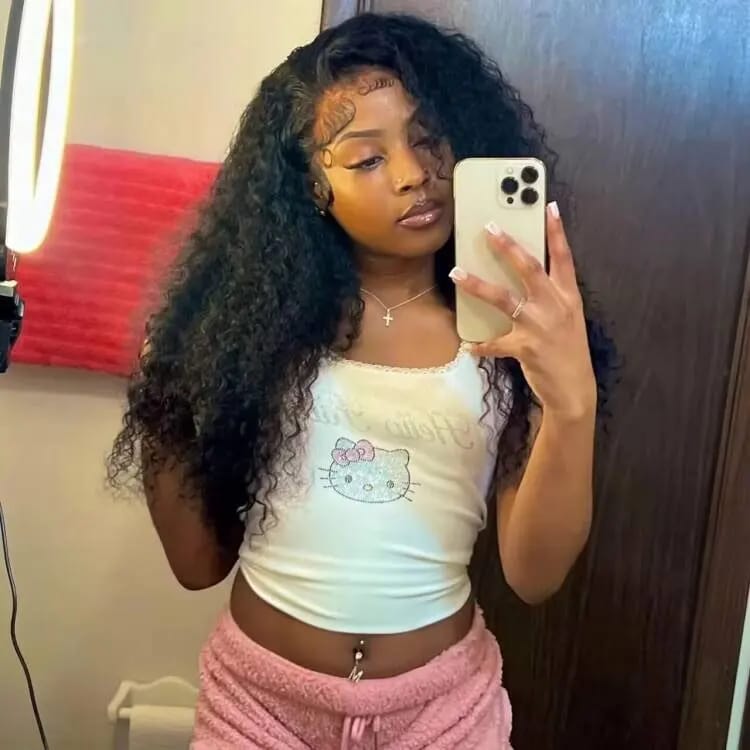 Customer photo review of MORE FACE M-cap Burmese Curly Wear Go Wigs Pre Cut 9x6 HD Lace Bleached Knots Glueless Wigs Human Hair Tiny Knots Pre Plucked Hairline
