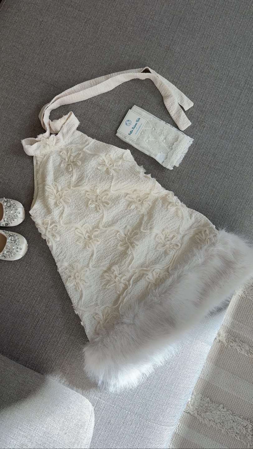 Customer photo review of Ava Ivory Flower Faux Fur Dress