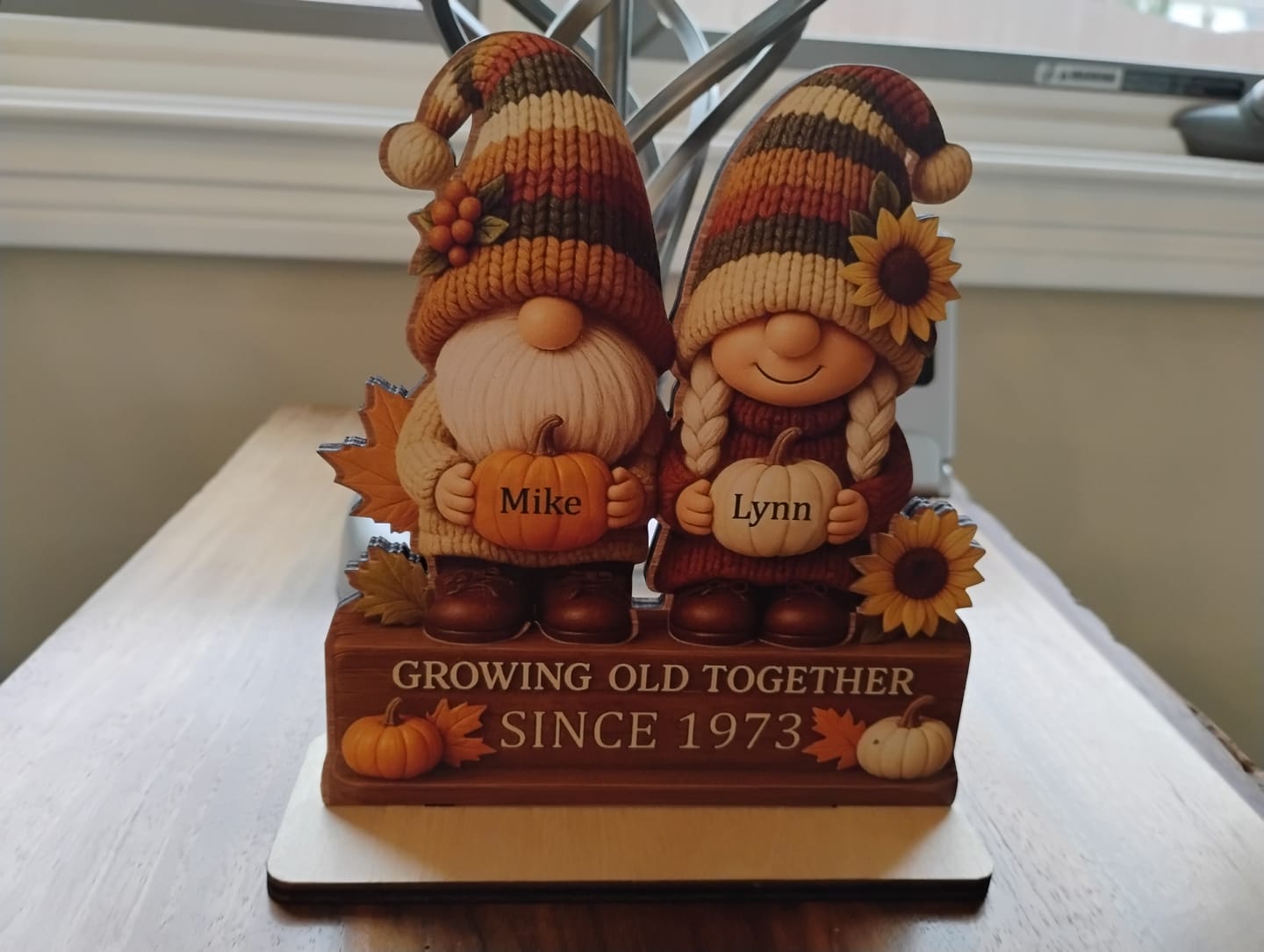 Customer photo review of Personalized "Growing Old Together" Gnome Plaque With Couple Names & Sunflowers Pumpkins Autumn's Warm Charm For Couple Gift For Grandparent