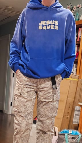 Customer photo review of Jesus Saves Patchwork Hoodie