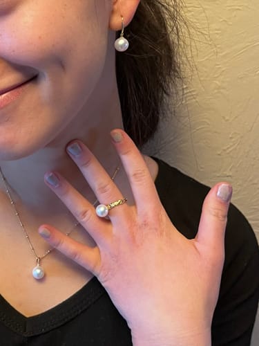 Customer photo review of FIONA - AAAAA Grade Akoya Pearls Hoop Earrings in 18K Gold