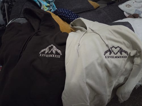 Customer photo review of Custom Embroidered Skeleton Heart Roman Numeral Matching Hoodies for Couples
