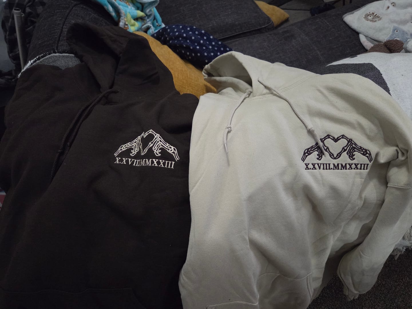 Customer photo review of Custom Embroidered Skeleton Heart Roman Numeral Matching Hoodies for Couples