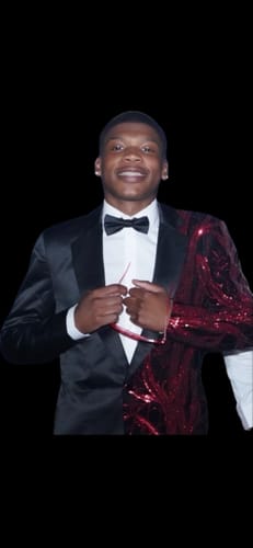 Customer photo review of Men's 2-Piece Suit Shimmering Branches Black and Red Tuxedo