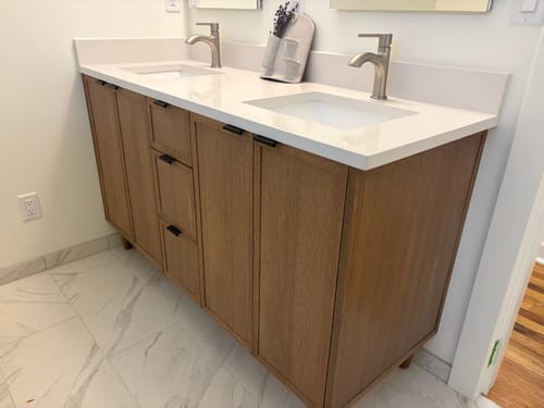 Customer photo review of Cape Breton 60" Mid Century Oak Bathroom Vanity, Double Sink