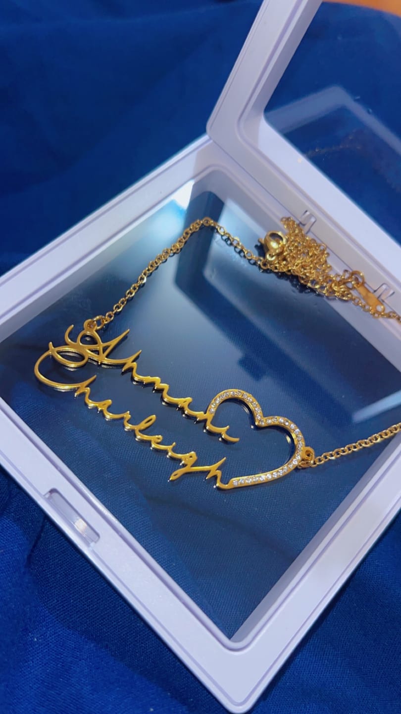 Customer photo review of Iced Heart Double Script Name Necklace