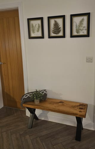 Customer photo review of X-Leg Dining Table Bench | Rustic Shoe Bench