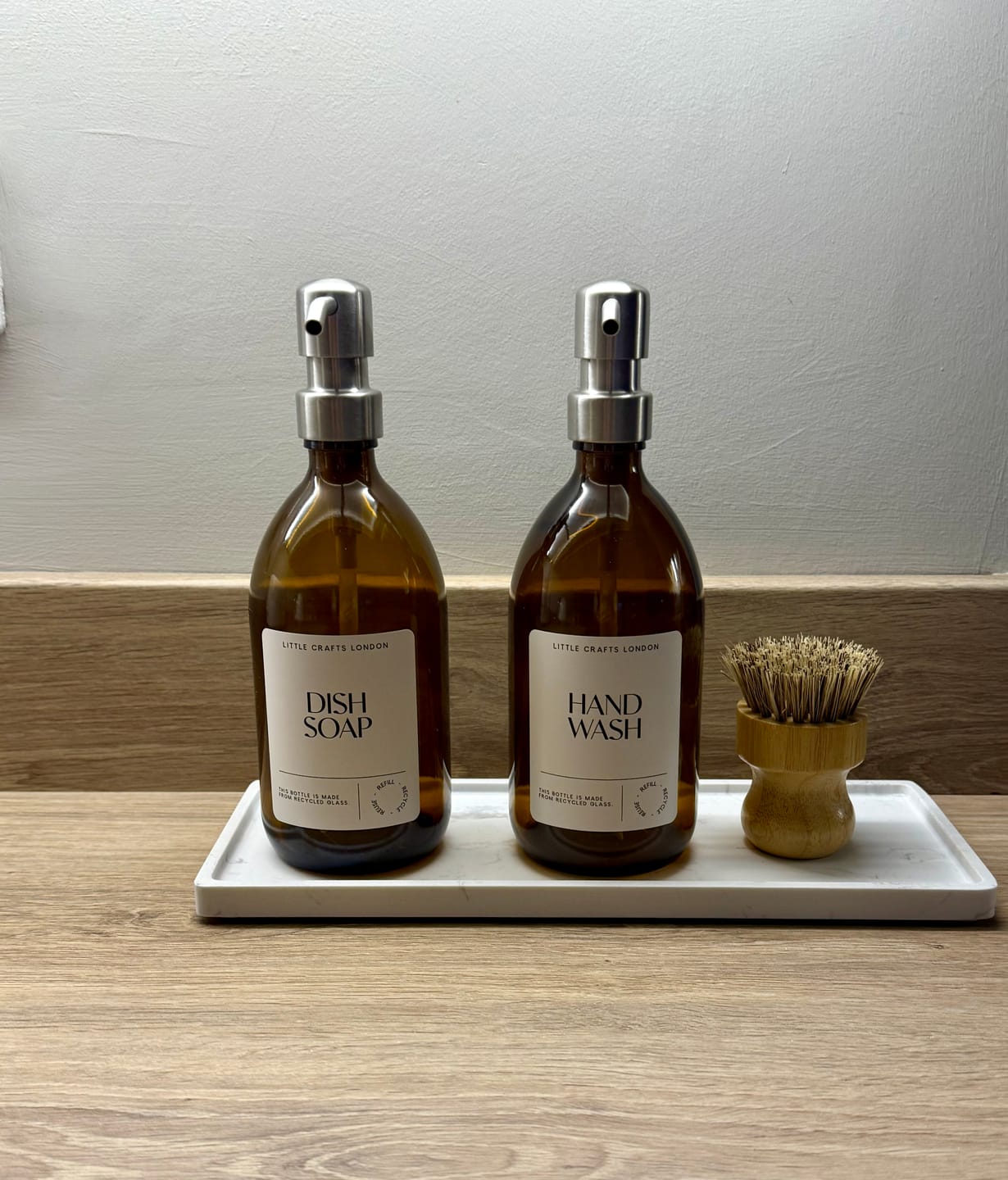 Customer photo review of Set of 2 Amber Glass Bottles 500 ML Long tray & Dish Brush