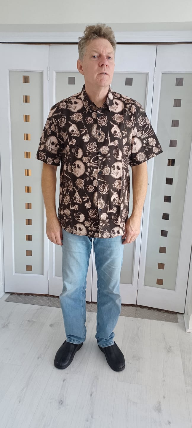 Customer photo review of Men's Skull Rose Floral Punk Rock and Roll Cool Button Up Shirt
