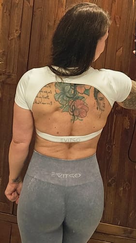 Customer photo review of DAVOMI Open Back T-Shirt - Cream White