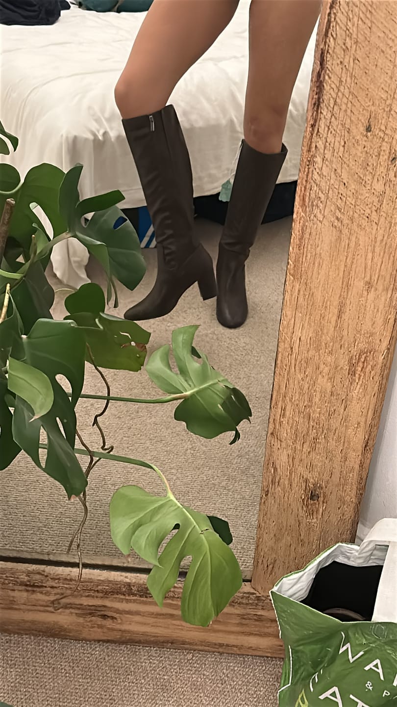 Customer photo review of Avocado Knee High Boots
